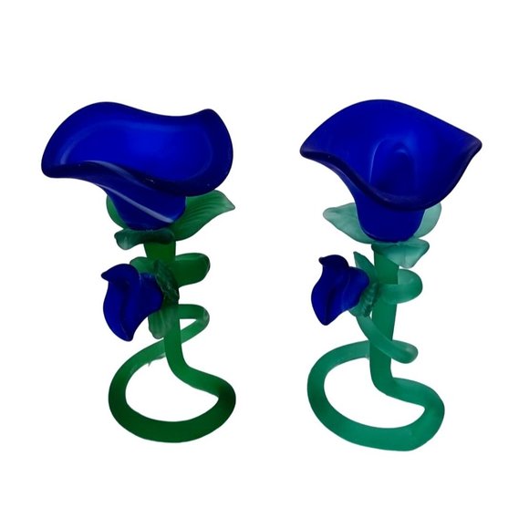 MURANO Cobalt Blue Rose Flower Tulip Art Glass Candle Candlestick Holder Vintage - Picture 6 of 11